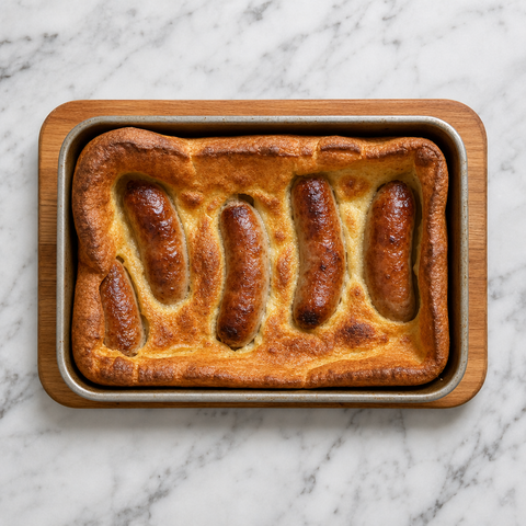Golden toad in the hole with puffed Yorkshire pudding surrounding the sausages