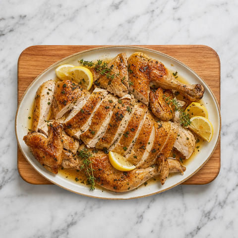 Sliced roast chicken served with herb pan juices