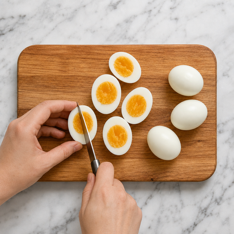 Halved eggs with firm whites and creamy golden yolks