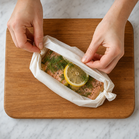 Parchment packet being tightly folded around seasoned salmon