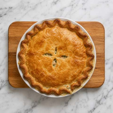 Golden salmon pie with a flaky crimped crust