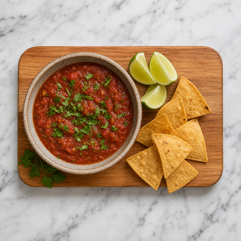 Bowl of salsa roja served with tortilla chips and lime