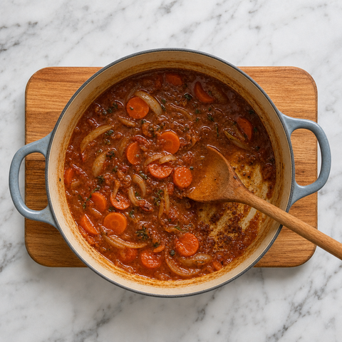 Tomato gravy simmering with onions, carrots, and rosemary in an ovenproof casserole