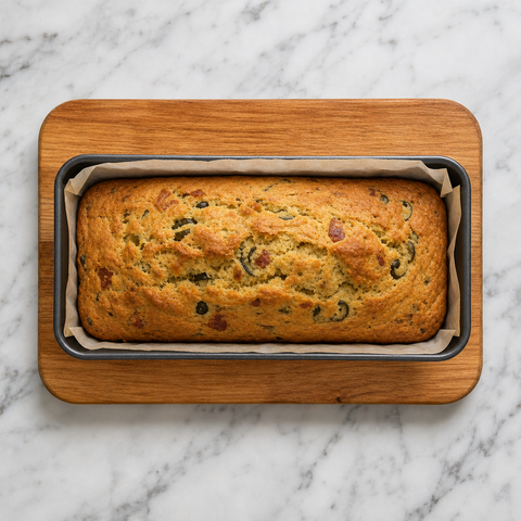 Golden savoury loaf with olives and bacon fresh from the oven