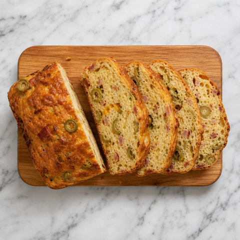 Sliced savoury loaf showing olives and bacon