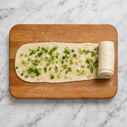 Dough scattered with scallions and rolled into a spiral for a flaky pancake