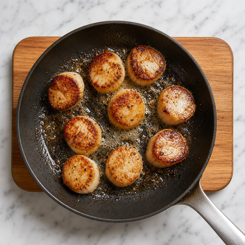 Golden scallops searing in a skillet