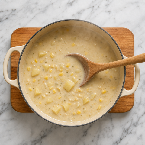 Cremige Chowder-Grundlage mit fast weichen Kartoffeln und Mais in einem Topf