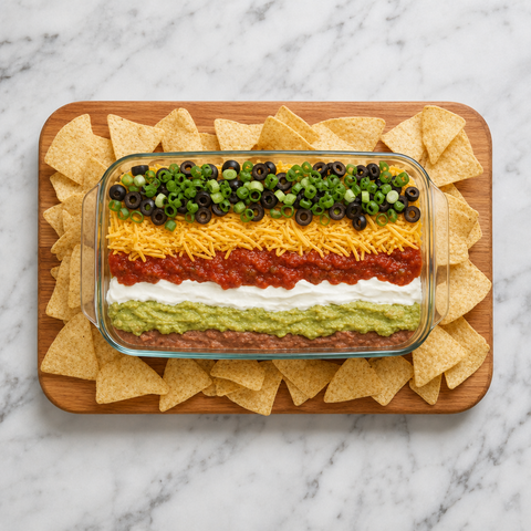 Finished Seven-Layer Dip with colorful layers and tortilla chips