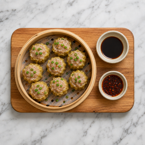 Steamed siu mai served in a bamboo basket
