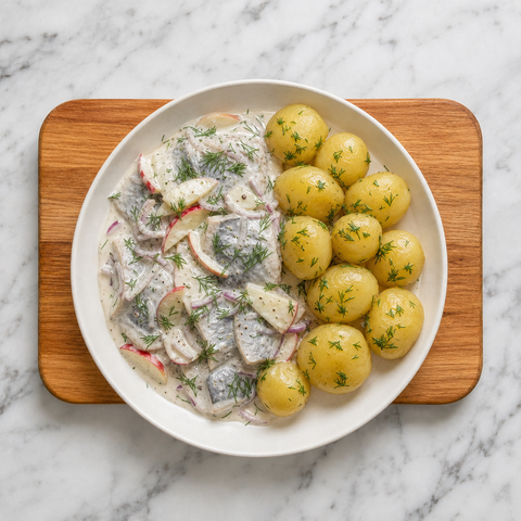 Polish herring in sour cream served with boiled baby potatoes.