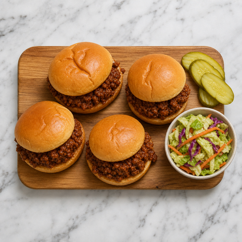 Sándwiches Sloppy Joe clásicos con carne picada de ternera jugosa en panecillos tostados
