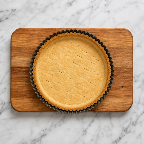 Golden baked tart shell cooling in its pan