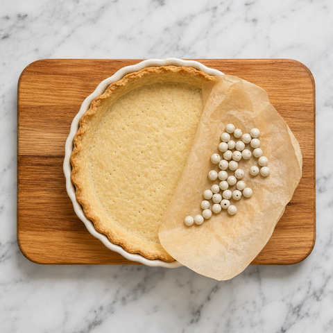 Partially blind-baked pastry shell with golden edges in a pie plate