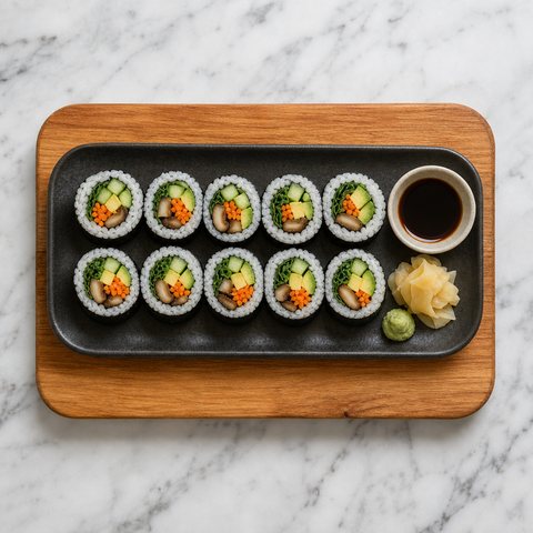 Rouleaux de sushi végétariens tranchés disposés sur un plat sombre