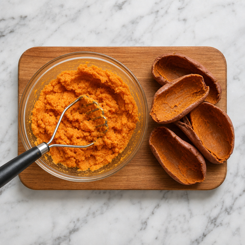 Roasted sweet potato flesh being scooped from its skins