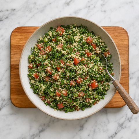 Vibrant tabbouleh tossed with parsley, mint, tomato, and bulgur