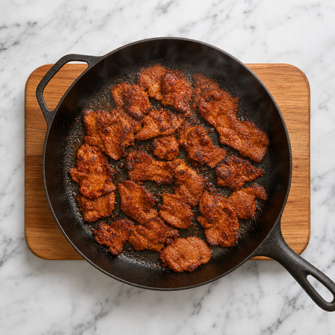 Achiote-marinated pork searing with browned edges in a skillet
