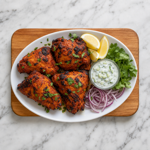 Finished tandoori chicken with lemon, onion, cilantro, and raita