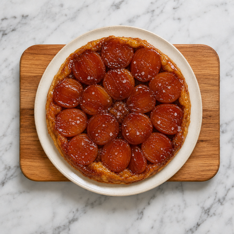 Tarte Tatin inverted onto a serving plate with glossy caramelized apples
