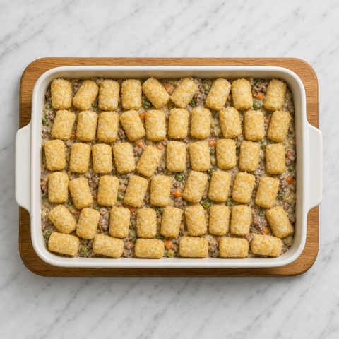Tater tots arranged in a single layer over the creamy beef filling