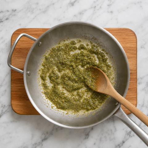 Green curry paste frying in coconut cream in a saucepan