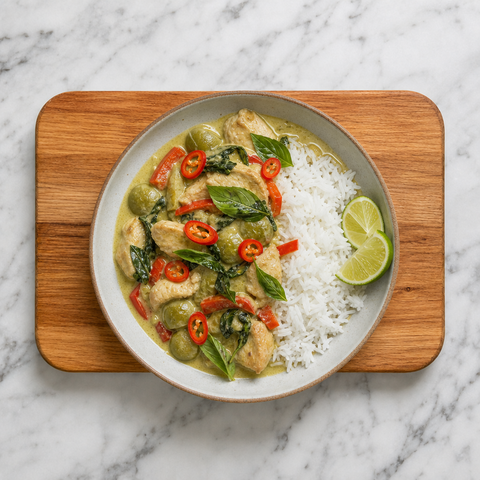 Thai green curry with chicken, vegetables, basil, and jasmine rice