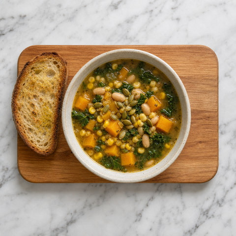 Cuenco de sopa de las Tres Hermanas con maíz, alubias y calabaza