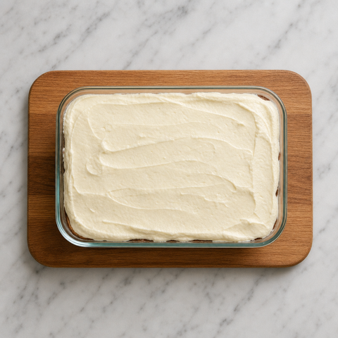 Tiramisù a strati con una superficie liscia di crema al mascarpone prima di spolverizzare il cacao