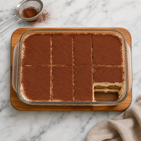 Tiramisù spolverizzato di cacao, tagliato in strati cremosi e regolari