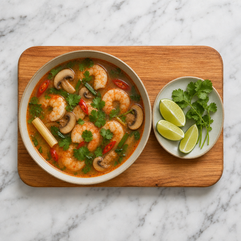 Sopa tom yum tailandesa terminada con camarones, hongos, lima y cilantro