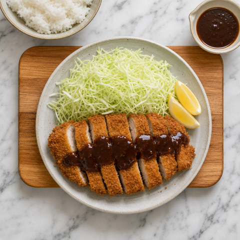 Sliced tonkatsu served with cabbage, lemon, and tonkatsu sauce
