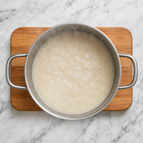 Brodo tonkotsu opaco e cremoso che cuoce a fuoco lento in una pentola