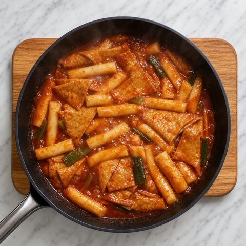 Gâteaux de riz et pâté de poisson mijotant dans une sauce rouge brillante pour tteokbokki