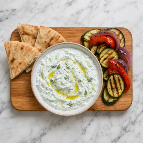 Bol de tzatziki grec terminé avec concombre et aneth