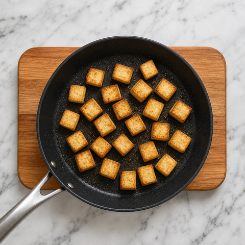Dés de tofu dorés et saisis dans une poêle