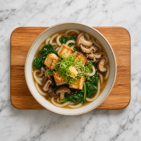Soupe de nouilles udon garnie de tofu, de légumes verts, d’oignon vert, de gingembre et de graines de sésame