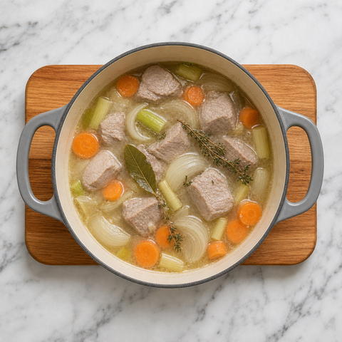 Veal and aromatic vegetables gently simmering in a pale broth