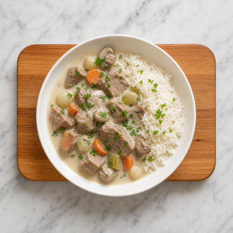 Finished Veal Blanquette with tender veal, vegetables, and parsley