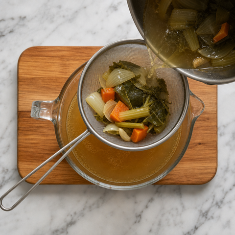 Bouillon de légumes clair filtré à travers une passoire à mailles fines