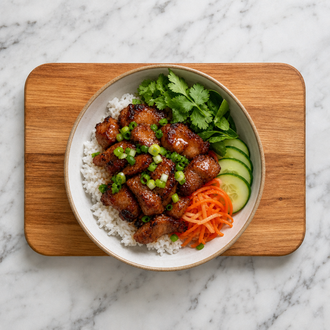 Vietnamese caramel pork served over jasmine rice with fresh garnishes