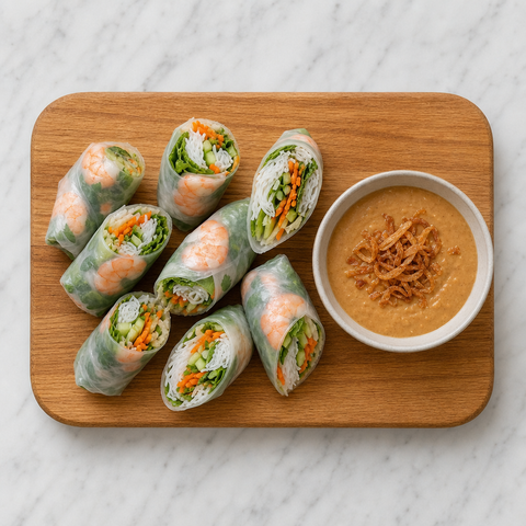 Vietnamese fresh spring rolls with shrimp, herbs, peanut sauce, and fried shallots