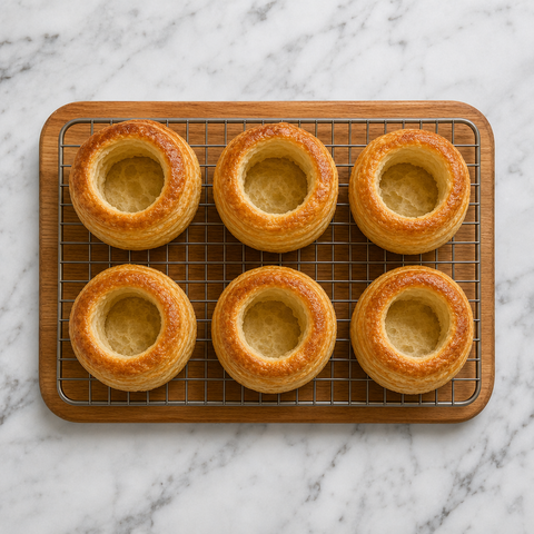 Golden baked vol-au-vent pastry cases with hollow centers