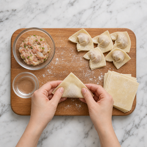 Manos doblando una envoltura para wonton alrededor de un relleno de cerdo y camarones