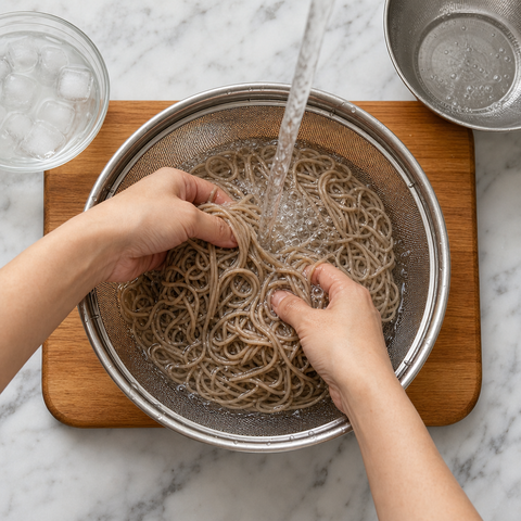 Noodles soba freddi sciacquati sotto acqua fredda