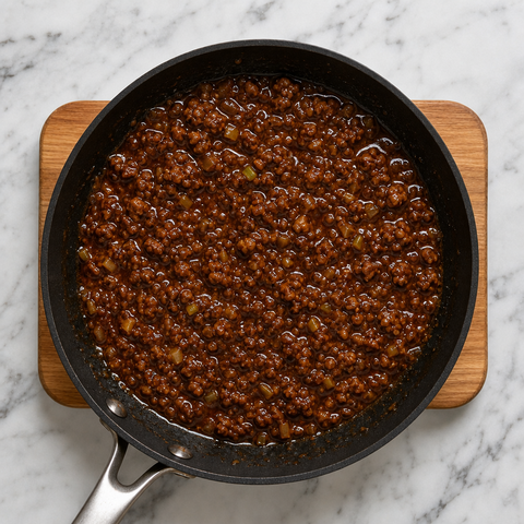 Glossy pork and fermented bean sauce simmering in a skillet