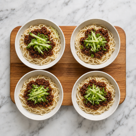 Zhajiangmian noodles topped with pork sauce, cucumber, and scallions