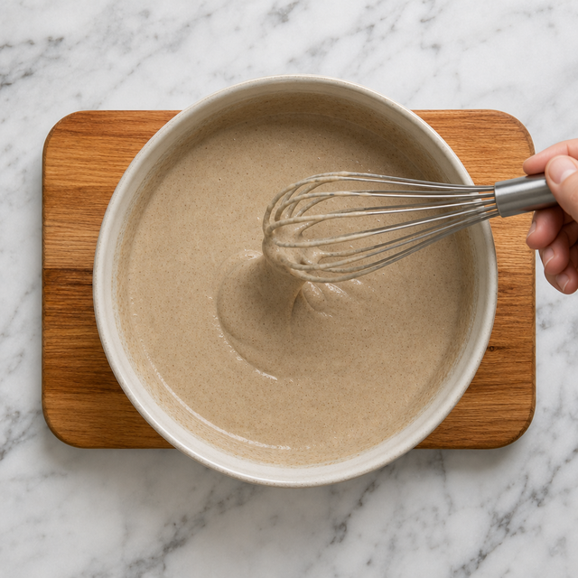 Thin buckwheat pancake batter being whisked in a bowl