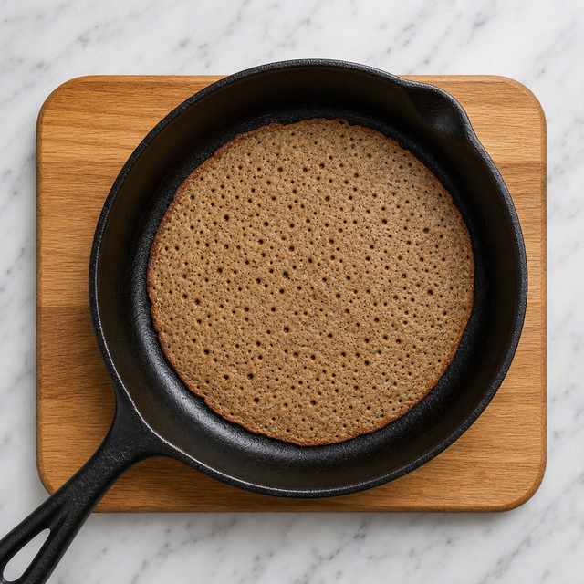 Lacy buckwheat pancake with pinholes cooking in a skillet
