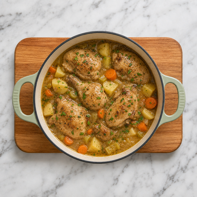 Acadian chicken fricot with potatoes and vegetables in golden broth